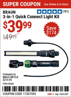 Harbor Freight Coupon BRAUN 3-IN-1 QUICK CONNECT LIGHT KIT Lot No. 56200 Expired: 10/31/20 - $39.99