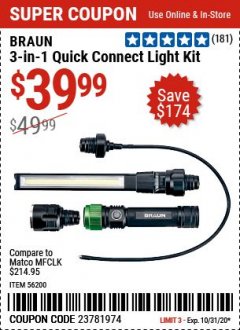 Harbor Freight Coupon BRAUN 3-IN-1 QUICK CONNECT LIGHT KIT Lot No. 56200 Expired: 9/28/20 - $39.99