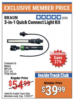 Harbor Freight ITC Coupon BRAUN 3-IN-1 QUICK CONNECT LIGHT KIT Lot No. 56200 Expired: 1/28/21 - $39.99