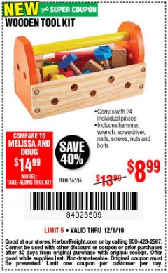 Harbor Freight Coupon WOODEN TOOL KIT Lot No. 56536 Expired: 12/1/19 - $8.99