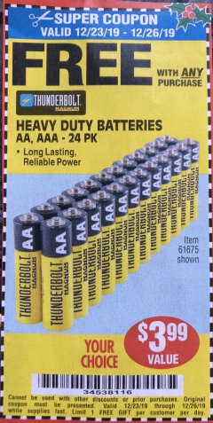 Harbor Freight FREE Coupon 24 PACK HEAVY DUTY BATTERIES Lot No. 61675/68382/61323/61677/68377/61273 Expired: 12/26/19 - FWP