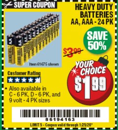 Harbor Freight Coupon HEAVY DUTY BATTERIES AA, AAA - 24 PK Lot No. 61675 Expired: 1/25/20 - $1.99