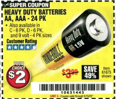 Harbor Freight Coupon HEAVY DUTY BATTERIES AA, AAA - 24 PK Lot No. 61675 Expired: 6/30/20 - $2