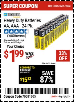Harbor Freight Coupon HEAVY DUTY BATTERIES AA, AAA - 24 PK Lot No. 61675 Expired: 5/8/22 - $1.99