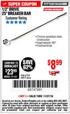 Harbor Freight Coupon 1/2" DRIVE 25" BREAKER BAR Lot No. 67933/60819 Expired: 11/27/19 - $8.99