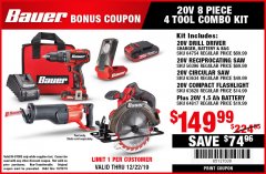 Harbor Freight Coupon BAUER TOOL KIT Lot No. 4 Expired: 12/22/19 - $149.99