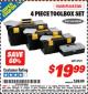 Harbor Freight ITC Coupon 4 PIECE TOOLBOX SET Lot No. 3721 Expired: 4/30/16 - $19.99