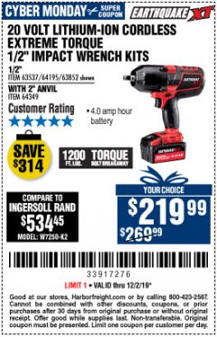 Harbor Freight Coupon 20 VOLT LITHIUM-ION CORDLESS EXTREME TORQUE 1/2" IMPACT WRENCH KIT Lot No. 63537/64195/63852/64349 Expired: 12/2/19 - $219.99