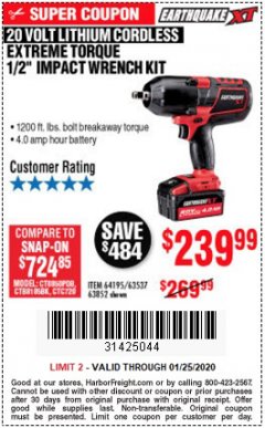 Harbor Freight Coupon 20 VOLT LITHIUM-ION CORDLESS EXTREME TORQUE 1/2" IMPACT WRENCH KIT Lot No. 63537/64195/63852/64349 Expired: 1/25/20 - $239.99