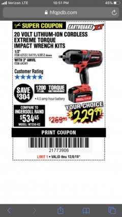 Harbor Freight Coupon 20 VOLT LITHIUM-ION CORDLESS EXTREME TORQUE 1/2" IMPACT WRENCH KIT Lot No. 63537/64195/63852/64349 Expired: 12/8/19 - $229.99