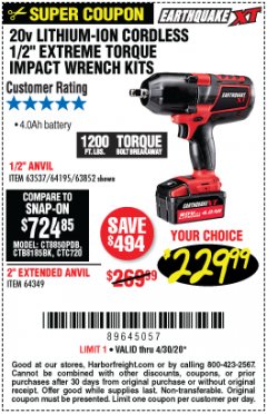 Harbor Freight Coupon 20 VOLT LITHIUM-ION CORDLESS EXTREME TORQUE 1/2" IMPACT WRENCH KIT Lot No. 63537/64195/63852/64349 Expired: 6/30/20 - $229.99