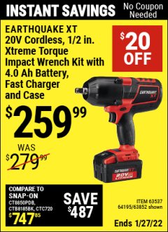 Harbor Freight Coupon 20 VOLT LITHIUM-ION CORDLESS EXTREME TORQUE 1/2" IMPACT WRENCH KIT Lot No. 63537/64195/63852/64349 Expired: 1/27/22 - $259.99