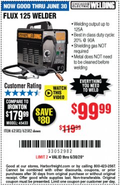 Harbor Freight Coupon CHICAGO ELECTRIC FLUX 125 WELDER Lot No. 63583, 63582 Expired: 6/30/20 - $99.99