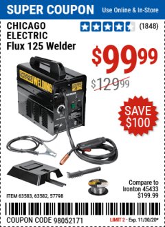 Harbor Freight Coupon CHICAGO ELECTRIC FLUX 125 WELDER Lot No. 63583, 63582 Expired: 11/30/20 - $99.99
