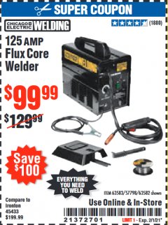 Harbor Freight Coupon CHICAGO ELECTRIC FLUX 125 WELDER Lot No. 63583, 63582 Expired: 2/1/21 - $99.99