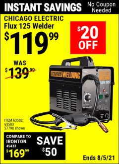 Harbor Freight Coupon CHICAGO ELECTRIC FLUX 125 WELDER Lot No. 63583, 63582 Expired: 8/5/21 - $119.99
