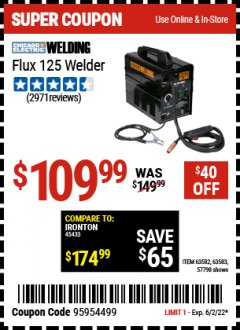 Harbor Freight Coupon CHICAGO ELECTRIC FLUX 125 WELDER Lot No. 63583, 63582 Expired: 6/2/22 - $109.99