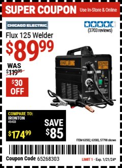 Harbor Freight Coupon CHICAGO ELECTRIC FLUX 125 WELDER Lot No. 63583, 63582 Expired: 1/21/24 - $89.99