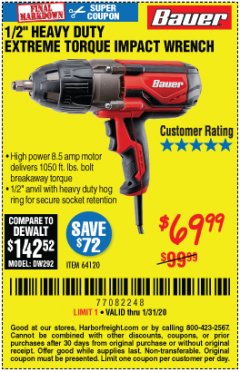 Harbor Freight Coupon 1/2" HEAVY DUTY EXTREME TORQUE IMPACT WRENCH Lot No. 64120 Expired: 1/31/20 - $69.99