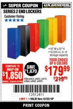 Harbor Freight Coupon US GENERAL SERIES 2 END LOCKER Lot No. 64454, 64452, 64157, 64968, 64969, 64970 Expired: 12/22/19 - $179.99