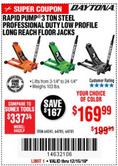 Harbor Freight Coupon RAPID PUMP 3 TON STEEL PROFESSIONAL DUTY LOW PROFILE LONG REACH FLOOR JACKS Lot No. 64241/64785/64781 Expired: 12/15/19 - $169.99