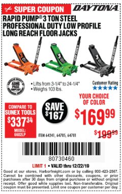 Harbor Freight Coupon RAPID PUMP 3 TON STEEL PROFESSIONAL DUTY LOW PROFILE LONG REACH FLOOR JACKS Lot No. 64241/64785/64781 Expired: 12/22/19 - $169.99