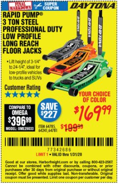 Harbor Freight Coupon RAPID PUMP 3 TON STEEL PROFESSIONAL DUTY LOW PROFILE LONG REACH FLOOR JACKS Lot No. 64241/64785/64781 Expired: 1/31/20 - $169.99