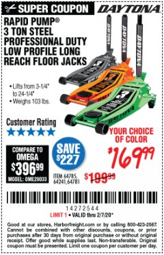 Harbor Freight Coupon RAPID PUMP 3 TON STEEL PROFESSIONAL DUTY LOW PROFILE LONG REACH FLOOR JACKS Lot No. 64241/64785/64781 Expired: 2/7/20 - $169.99