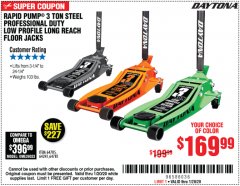 Harbor Freight Coupon RAPID PUMP 3 TON STEEL PROFESSIONAL DUTY LOW PROFILE LONG REACH FLOOR JACKS Lot No. 64241/64785/64781 Expired: 1/20/20 - $169.99