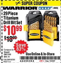 Harbor Freight Coupon $5 WARRIOR 29 PIECE TITANIUM DRILL BIT SET WHEN YOU SPEND $49.99 Lot No. 62281, 5889, 61637 Expired: 10/2/20 - $10.99