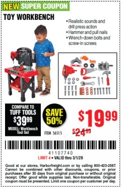 Harbor Freight Coupon TOY WORKBENCH Lot No. 56515 Expired: 3/1/20 - $19.99