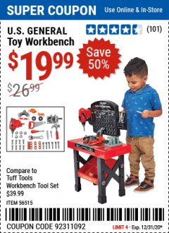 Harbor Freight Coupon TOY WORKBENCH Lot No. 56515 Expired: 12/31/20 - $19.99