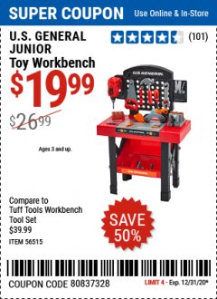 Harbor Freight Coupon TOY WORKBENCH Lot No. 56515 Expired: 12/31/20 - $19.99