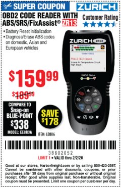 Harbor Freight Coupon OBD2 CODE READER WITH ABS/SRS/FIXASSIST ZR13 Lot No. 63806 Expired: 2/2/20 - $159.99