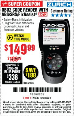 Harbor Freight Coupon OBD2 CODE READER WITH ABS/SRS/FIXASSIST ZR13 Lot No. 63806 Expired: 3/8/20 - $149.99