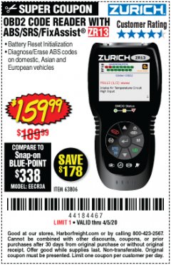 Harbor Freight Coupon OBD2 CODE READER WITH ABS/SRS/FIXASSIST ZR13 Lot No. 63806 Expired: 6/30/20 - $159.99