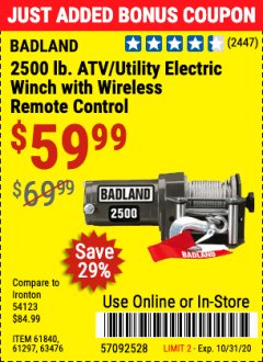 Harbor Freight Coupon BADLAND 2500 LB. ELECTRIC WINCH WITH WIRELESS REMOTE CONTROL Lot No. 61258/61297/64376/61840 Expired: 10/31/20 - $59.99