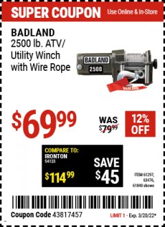 Harbor Freight Coupon BADLAND 2500 LB. ELECTRIC WINCH WITH WIRELESS REMOTE CONTROL Lot No. 61258/61297/64376/61840 Expired: 3/20/22 - $69.99