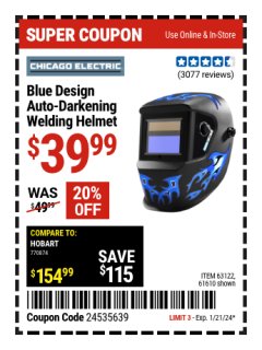 Harbor Freight Coupon CHICAGO ELECTRIC WELDING BLUE DESIGN AUTO-DARKENING WELDING HELMET Lot No. 61610/63122/91214 Expired: 1/21/24 - $39.99