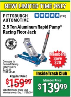 Harbor Freight ITC Coupon PITTSBURGH 2.5 TON LOW-PROFILE ALUMINUM RACING FLOOR JACK WITH RAPID PUMP Lot No. 64543/64553 Expired: 11/25/20 - $139.99