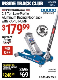 Harbor Freight ITC Coupon PITTSBURGH 2.5 TON LOW-PROFILE ALUMINUM RACING FLOOR JACK WITH RAPID PUMP Lot No. 64543/64553 Expired: 4/27/23 - $179.99