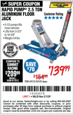Harbor Freight Coupon PITTSBURGH 2.5 TON LOW-PROFILE ALUMINUM RACING FLOOR JACK WITH RAPID PUMP Lot No. 64543/64553 Expired: 2/7/20 - $139.99