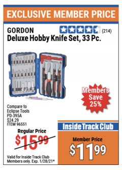 Harbor Freight ITC Coupon 33 PIECE DULUXE HOBBY KNIFE SET Lot No. 96551 Expired: 1/28/21 - $11.99