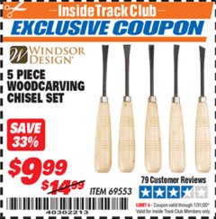 Harbor Freight ITC Coupon 5 PIECE WOODCARVING CHISEL SET Lot No. 69553 Expired: 1/31/20 - $9.99