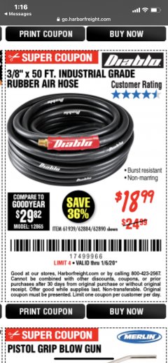Harbor Freight Coupon 3/8"X50 FT INDUSTRIAL GRADE RUBBER AIR HOSE  Lot No. 61939/62884/62890 Expired: 1/6/20 - $0