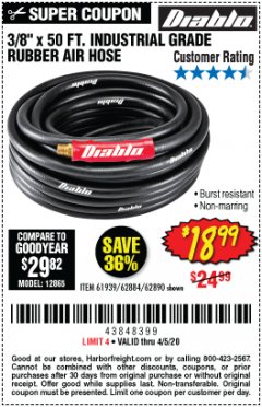 Harbor Freight Coupon 3/8"X50 FT INDUSTRIAL GRADE RUBBER AIR HOSE  Lot No. 61939/62884/62890 Expired: 6/30/20 - $18.99