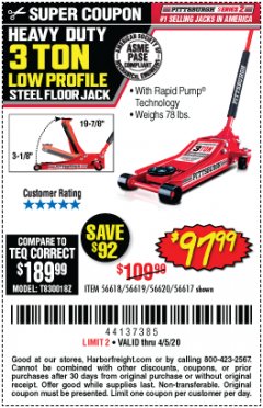 Harbor Freight Coupon HEAVY DUTY 3 TON LOW PROFILE STEEL FLOOR JACK Lot No. 56618/56619/56620/56617 Expired: 6/30/20 - $97.99