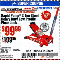 Harbor Freight Coupon HEAVY DUTY 3 TON LOW PROFILE STEEL FLOOR JACK Lot No. 56618/56619/56620/56617 Expired: 8/8/20 - $99.99