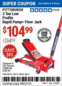 Harbor Freight Coupon HEAVY DUTY 3 TON LOW PROFILE STEEL FLOOR JACK Lot No. 56618/56619/56620/56617 Expired: 12/3/20 - $104.99