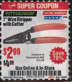 Harbor Freight Coupon 7" WIRE STRIPPER WITH CUTTER Lot No. 61586/61158/98410 Expired: 7/5/20 - $2.99